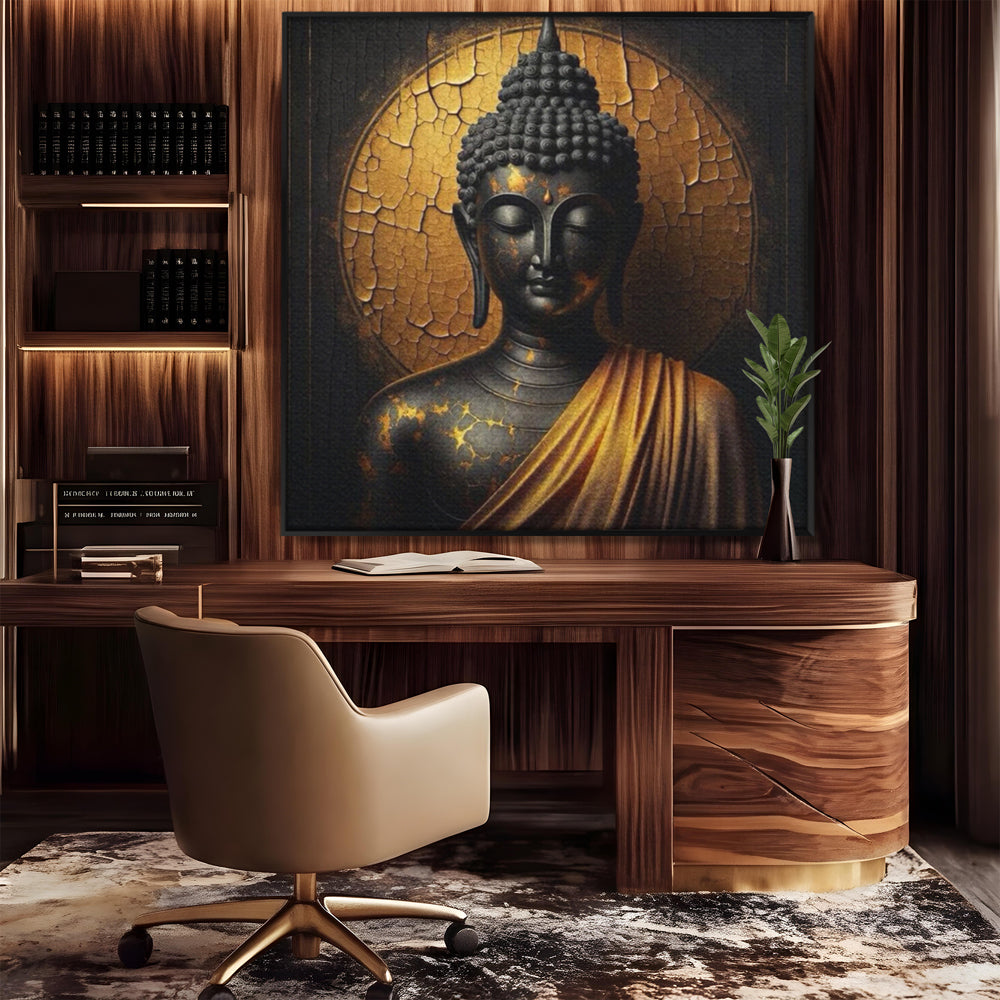 Tablou canvas cu tablou canvas cu portret buddha, in rama de aluminiu negru, pe perete intr-un birou